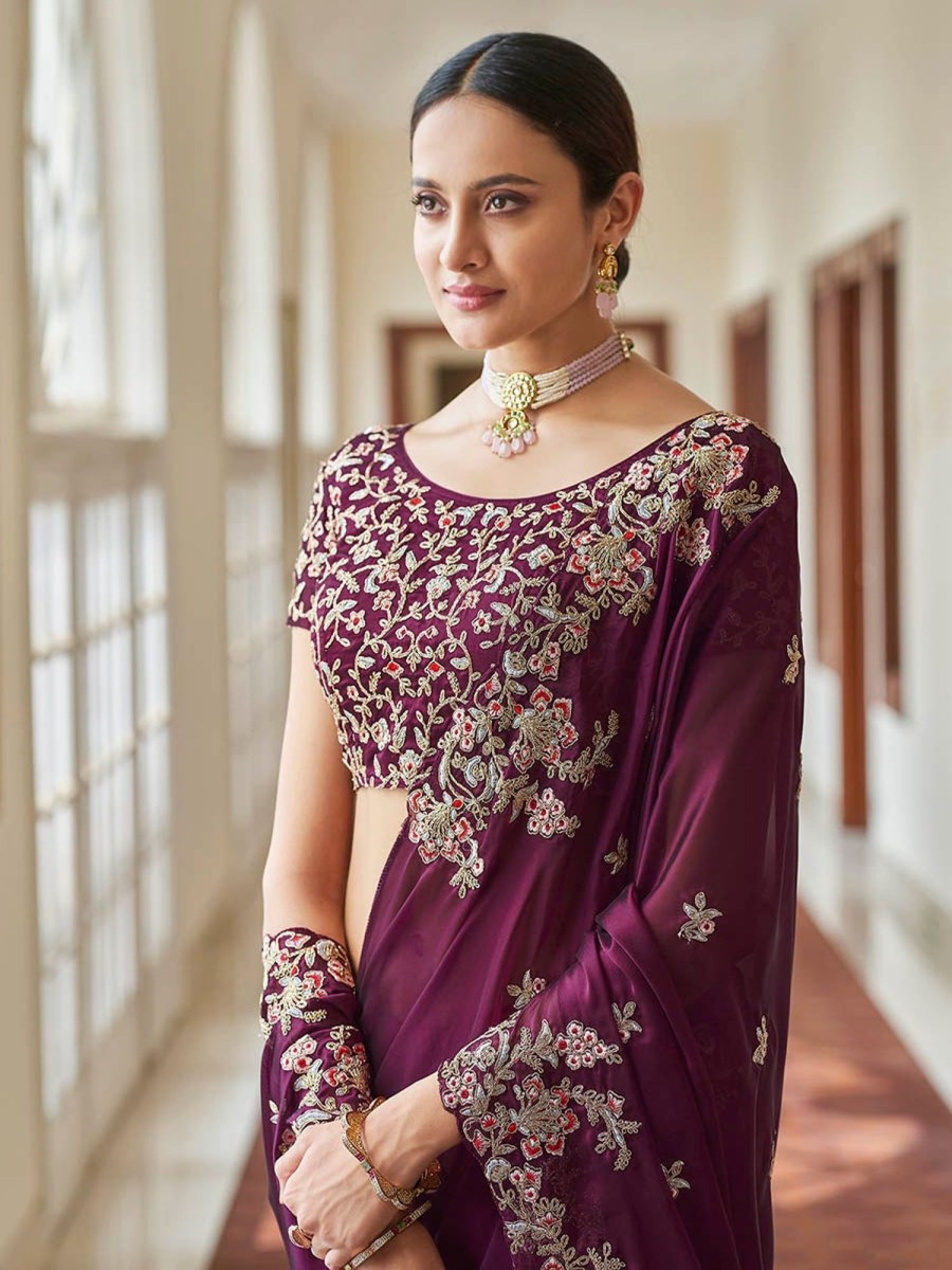 Women Myracouture | Women'S Purple Embroidered Crepe Fancy Saree-Myracouture