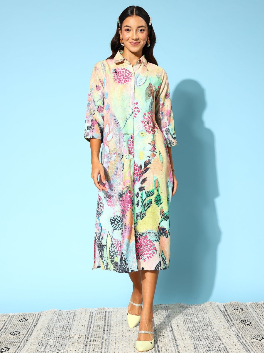 Women Indo Era | Women'S Ethnic Motifs Print Cotton Shirt Midi Dress - Indo Era Green