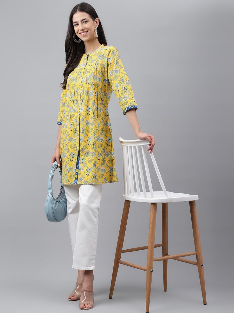 Women Janasya | Women'S Floral Print Cotton Tunics - Janasya Yellow