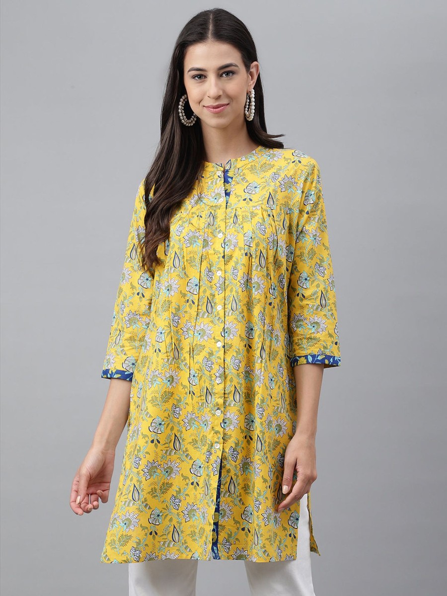 Women Janasya | Women'S Floral Print Cotton Tunics - Janasya Yellow