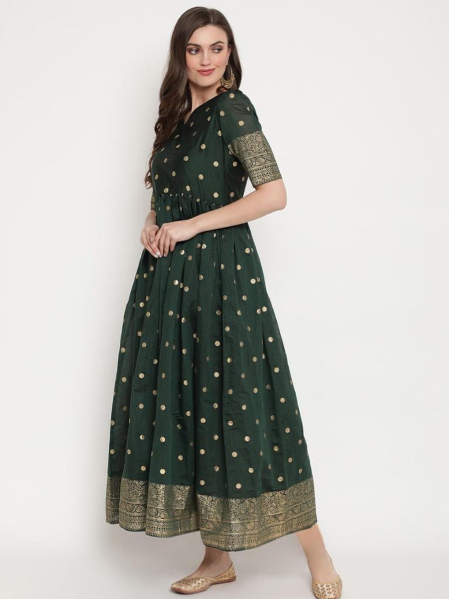 Women Ahalyaa | Women'S Chanderi Polka Dot Printed Kurta- Ahalyaa Dark Green