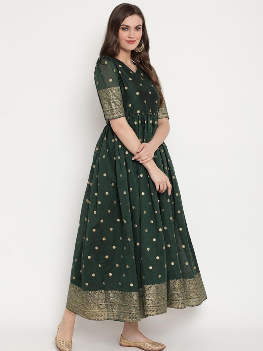 Women Ahalyaa | Women'S Chanderi Polka Dot Printed Kurta- Ahalyaa Dark Green