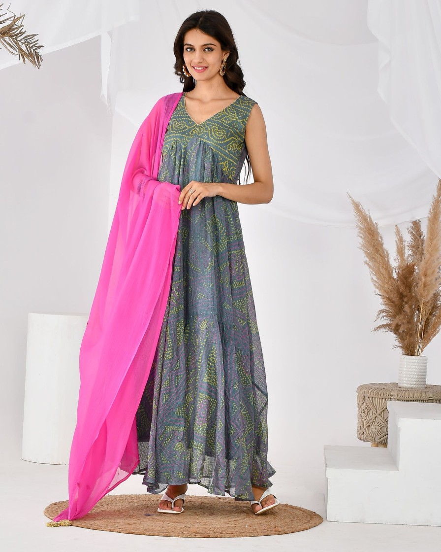 Women RANGPUR | Women'S Pink Bandhani Set-Rangpur Grey