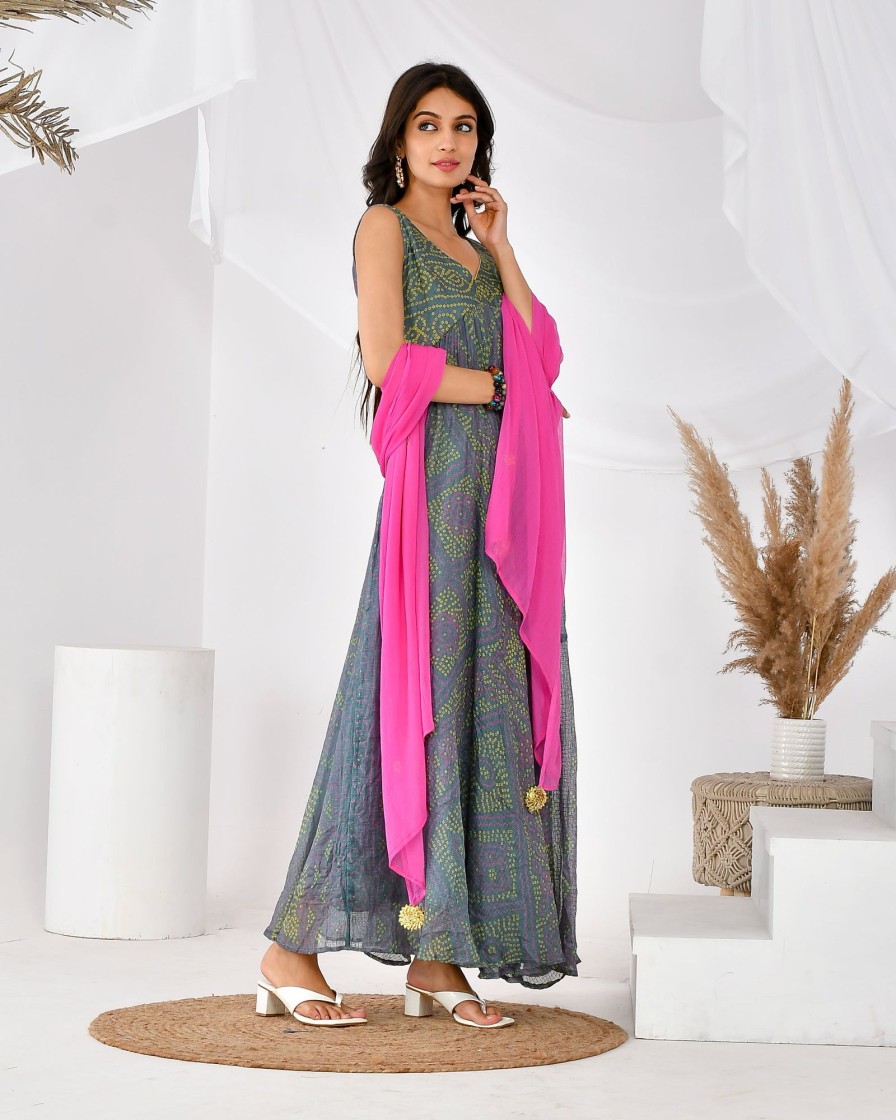 Women RANGPUR | Women'S Pink Bandhani Set-Rangpur Grey