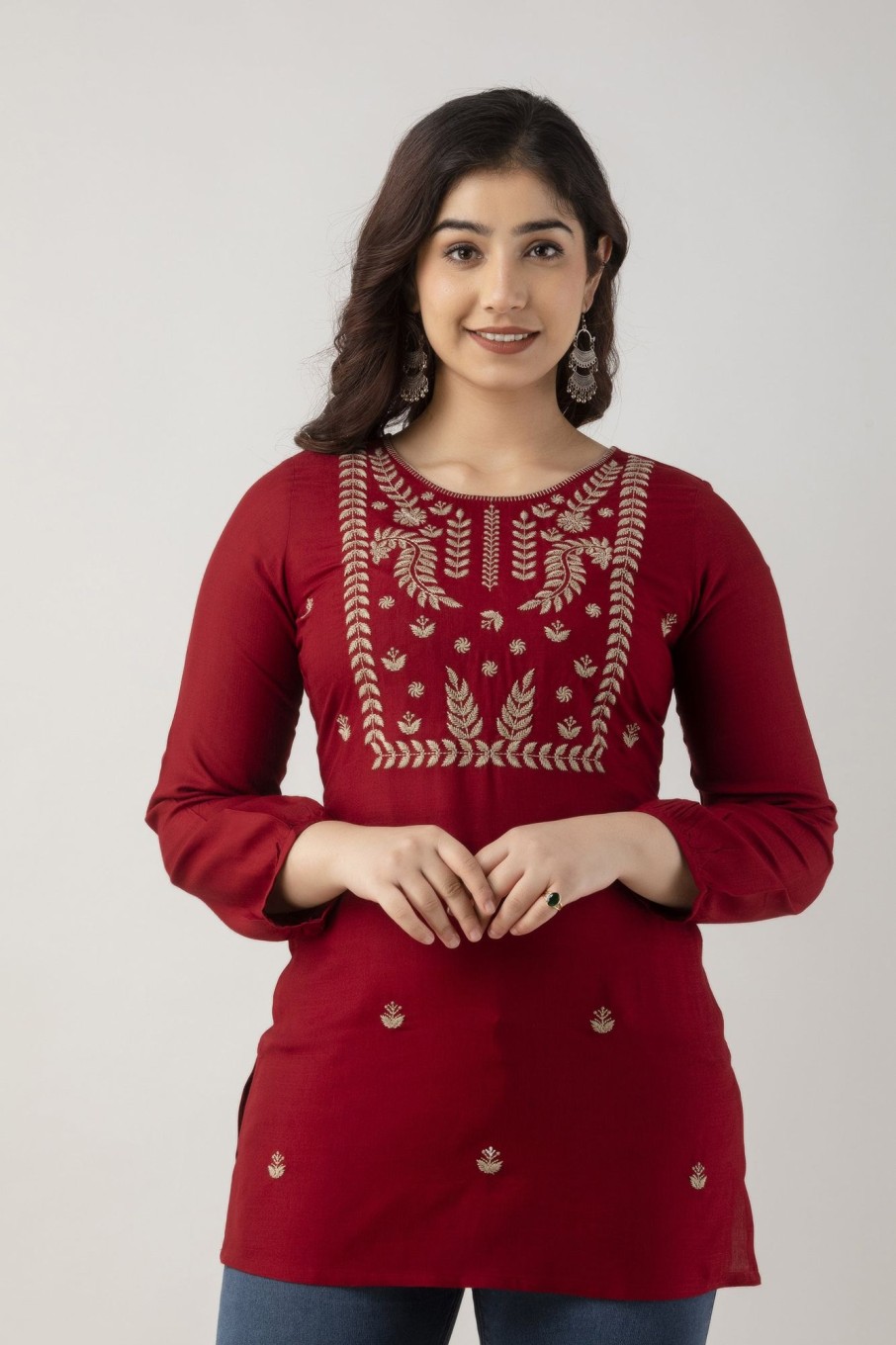 Women Charu | Women'S Embroidered Viscose Rayon Regular Top ( ) - Charu Maroon