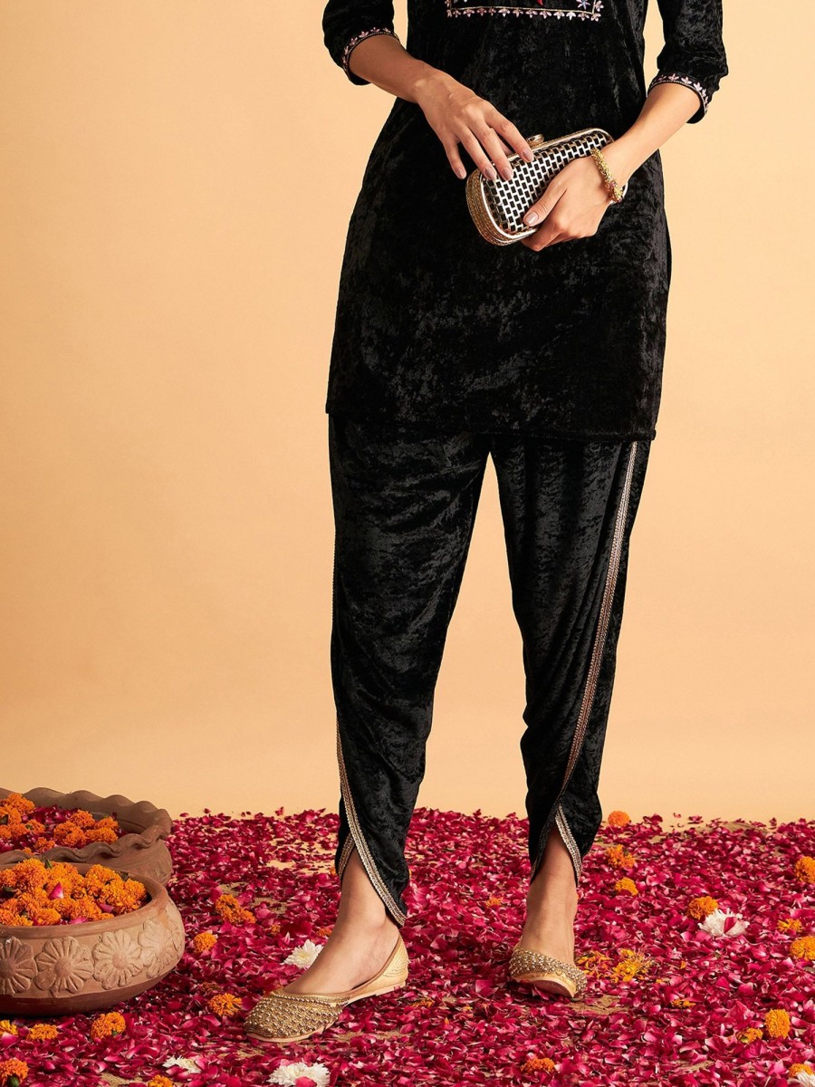 Women Lyush | Women'S Black Velvet Dhoti Pants - Lyush