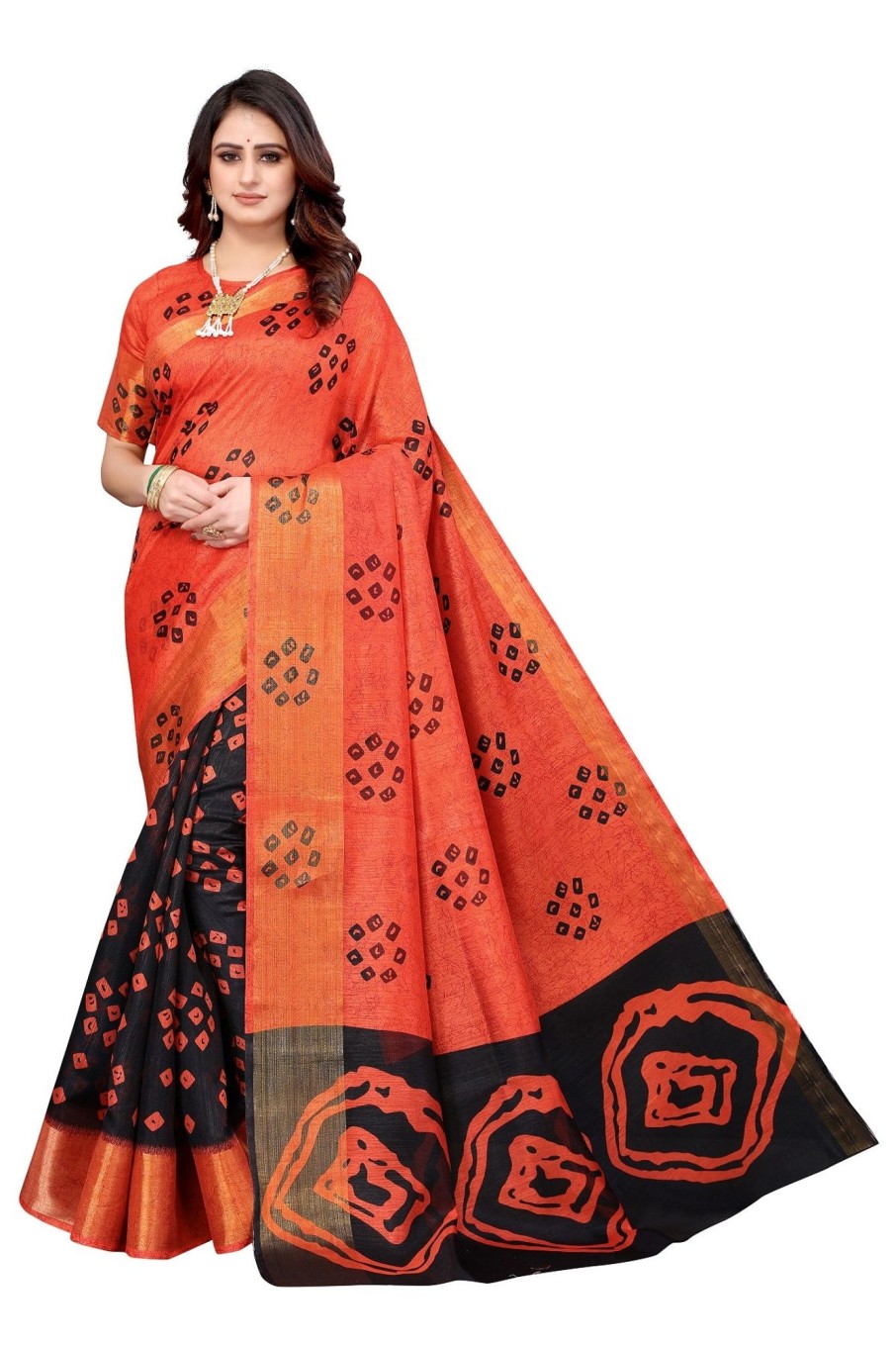 Women Vamika | Women'S Ethnic Fire Black Jari Border Linen Saree - Vamika Orange