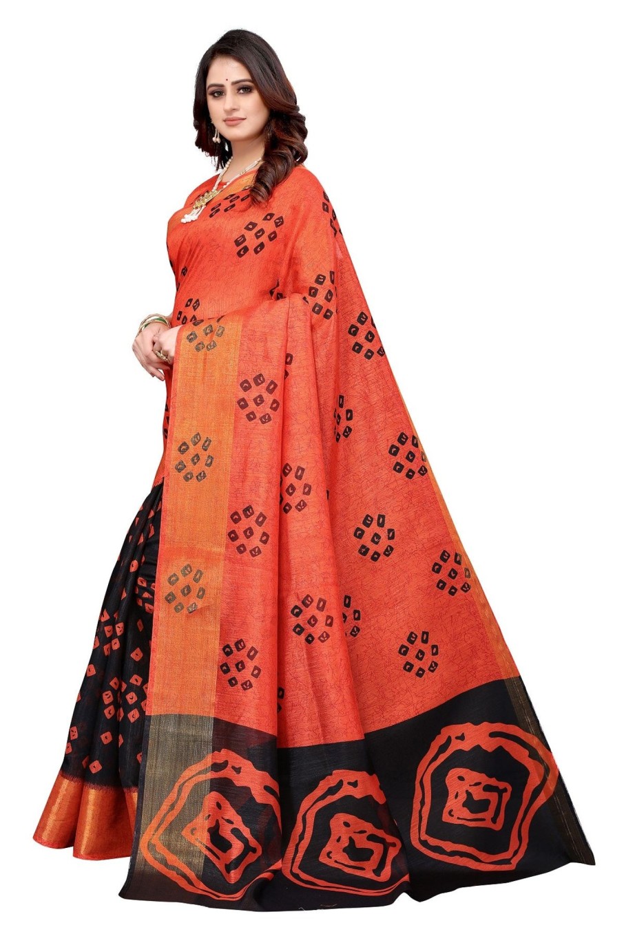 Women Vamika | Women'S Ethnic Fire Black Jari Border Linen Saree - Vamika Orange