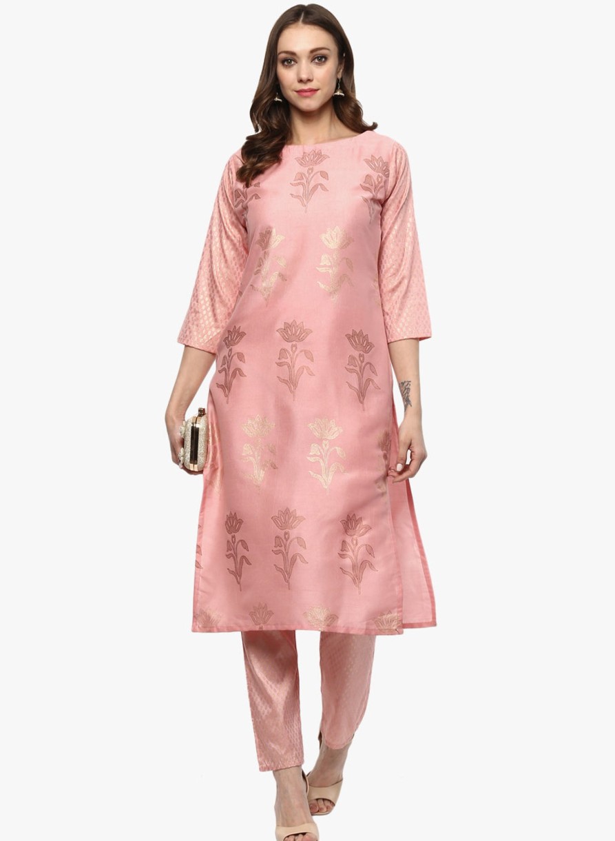 Women Ziyaa | Women'S Pink Poly Silk Kurta By Ziyaa