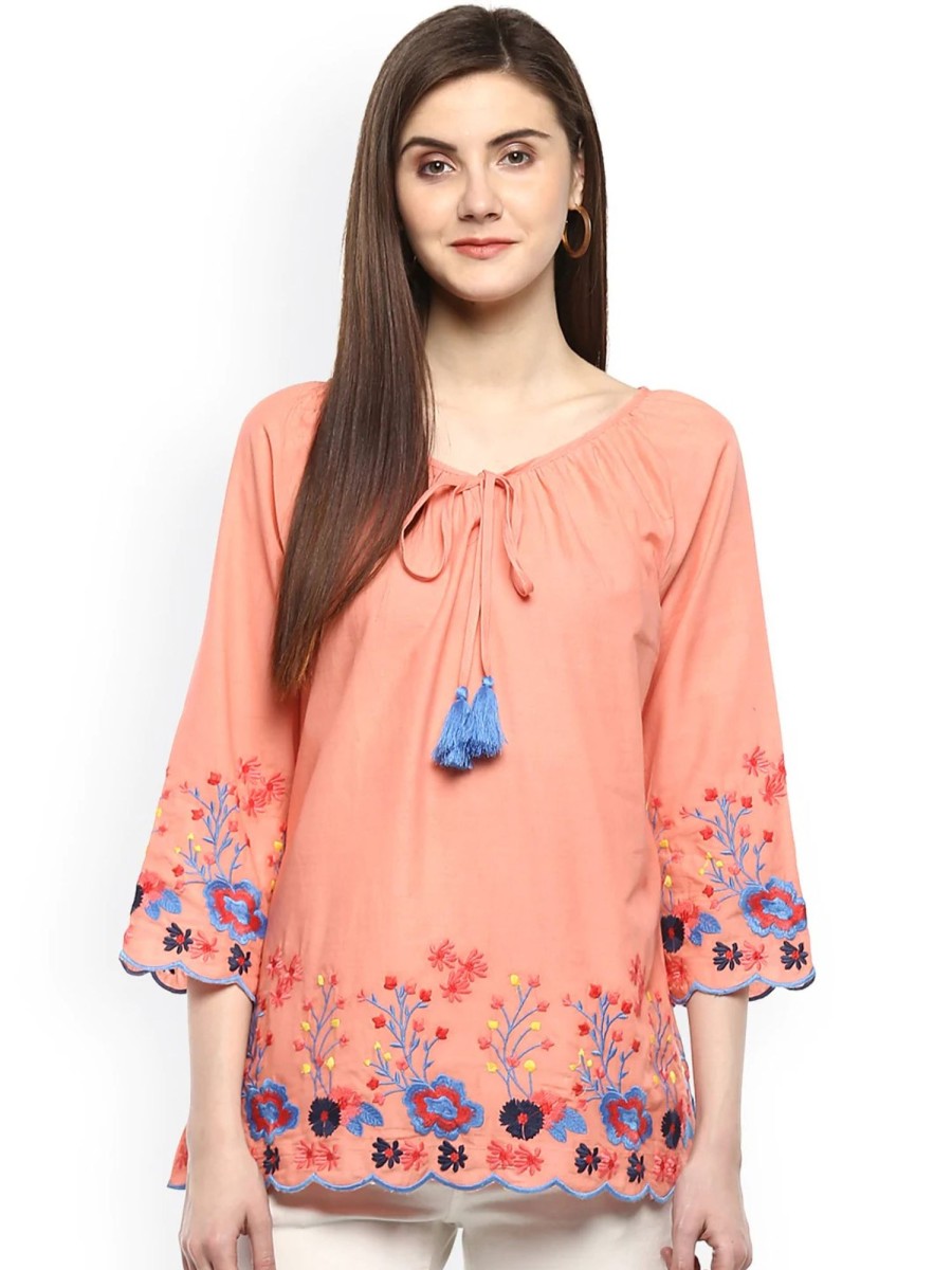 Women Wahe-NOOR | Women'S Peach-Coloured Printed A-Line Top - Wahe-Noor