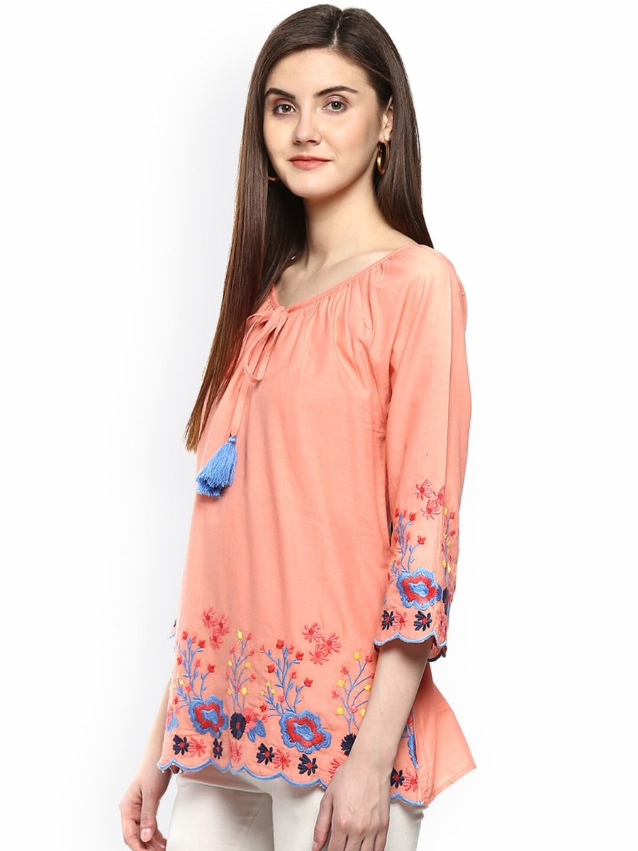 Women Wahe-NOOR | Women'S Peach-Coloured Printed A-Line Top - Wahe-Noor