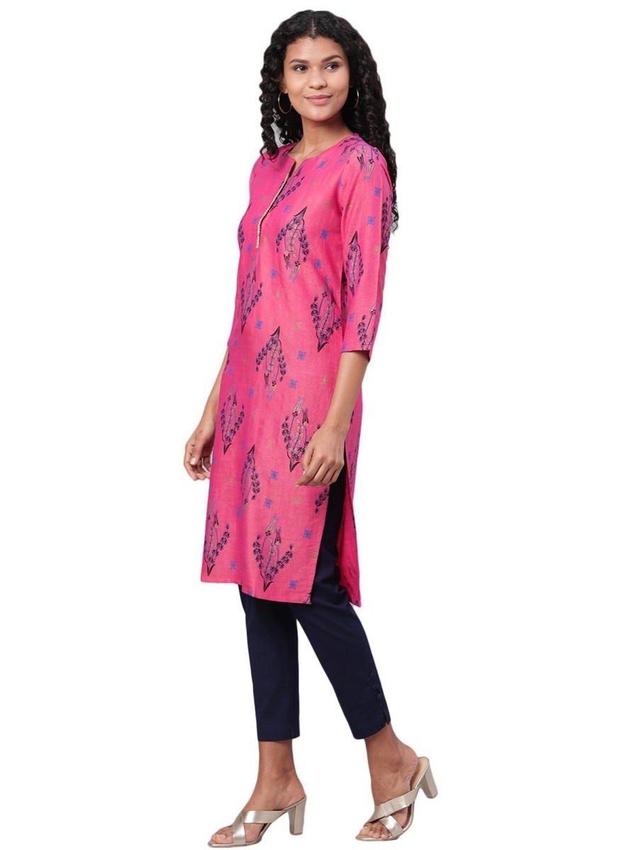 Women Myshka | Women'S Pink Printed 3/4 Sleeve Rayon Round Neck Casual Kurta Only - Myshka