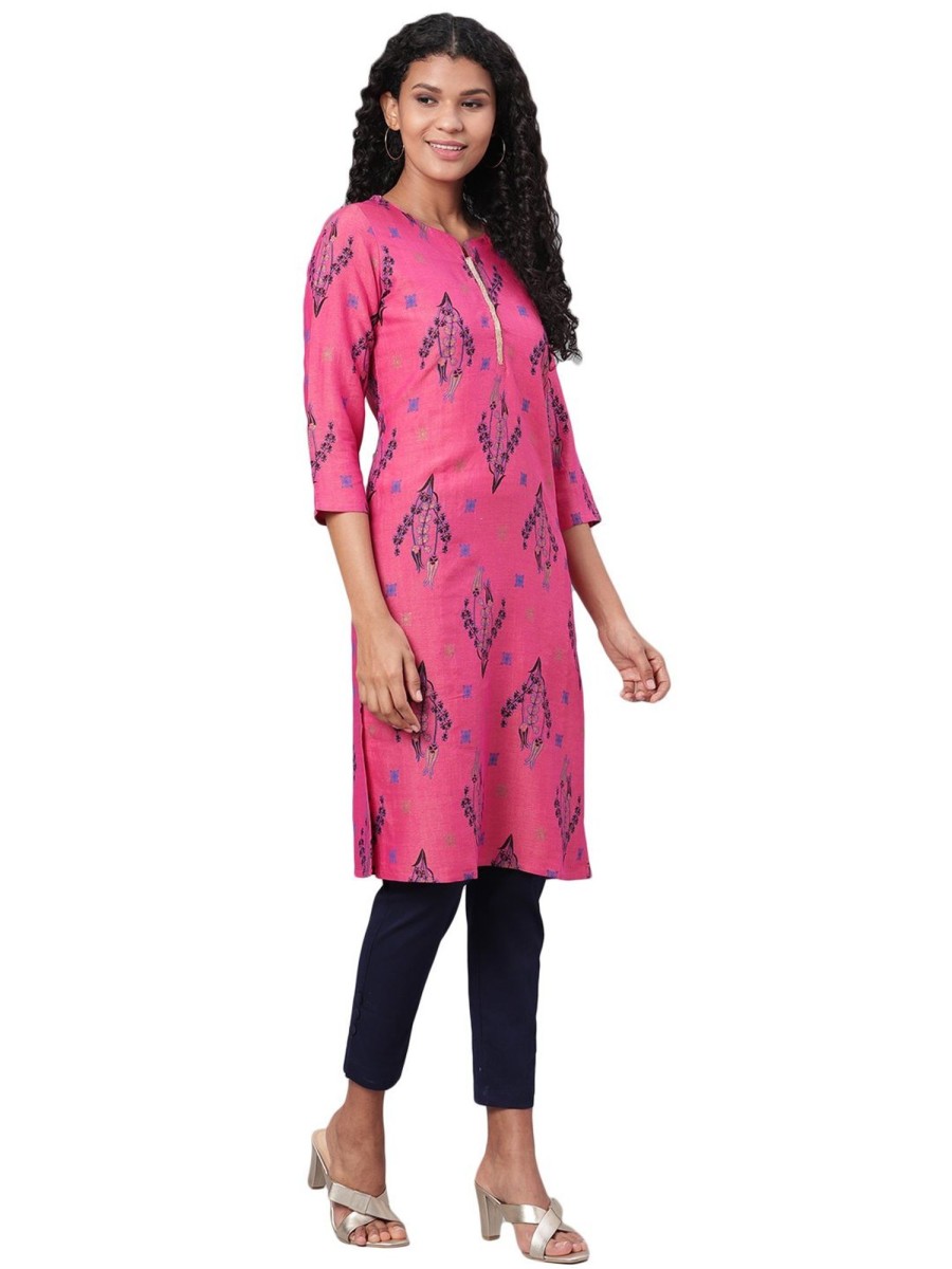 Women Myshka | Women'S Pink Printed 3/4 Sleeve Rayon Round Neck Casual Kurta Only - Myshka