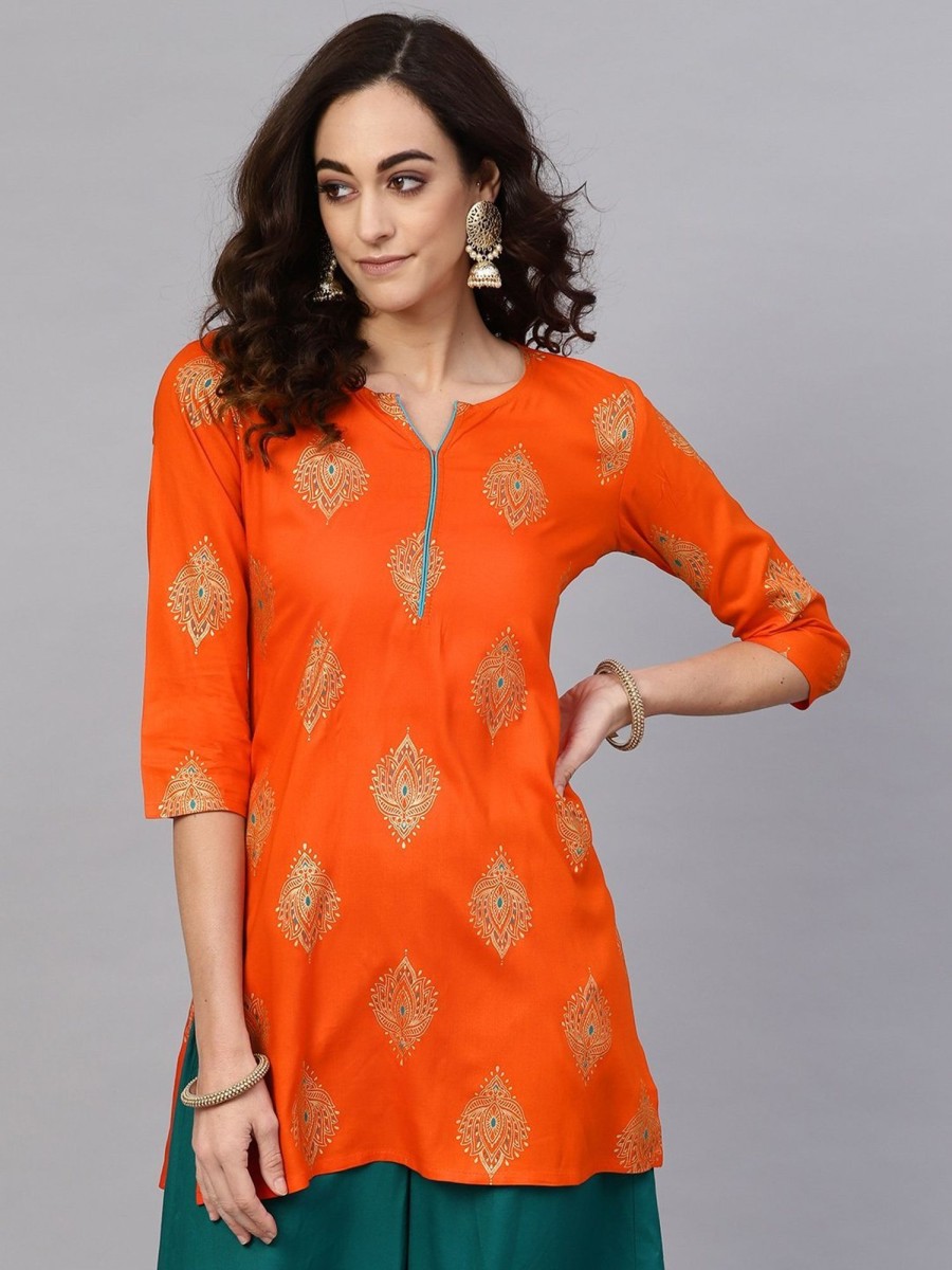 Women Anubhutee USA | Women'S U0026 Golden Printed Straight Kurti - Anubhutee Usa Orange