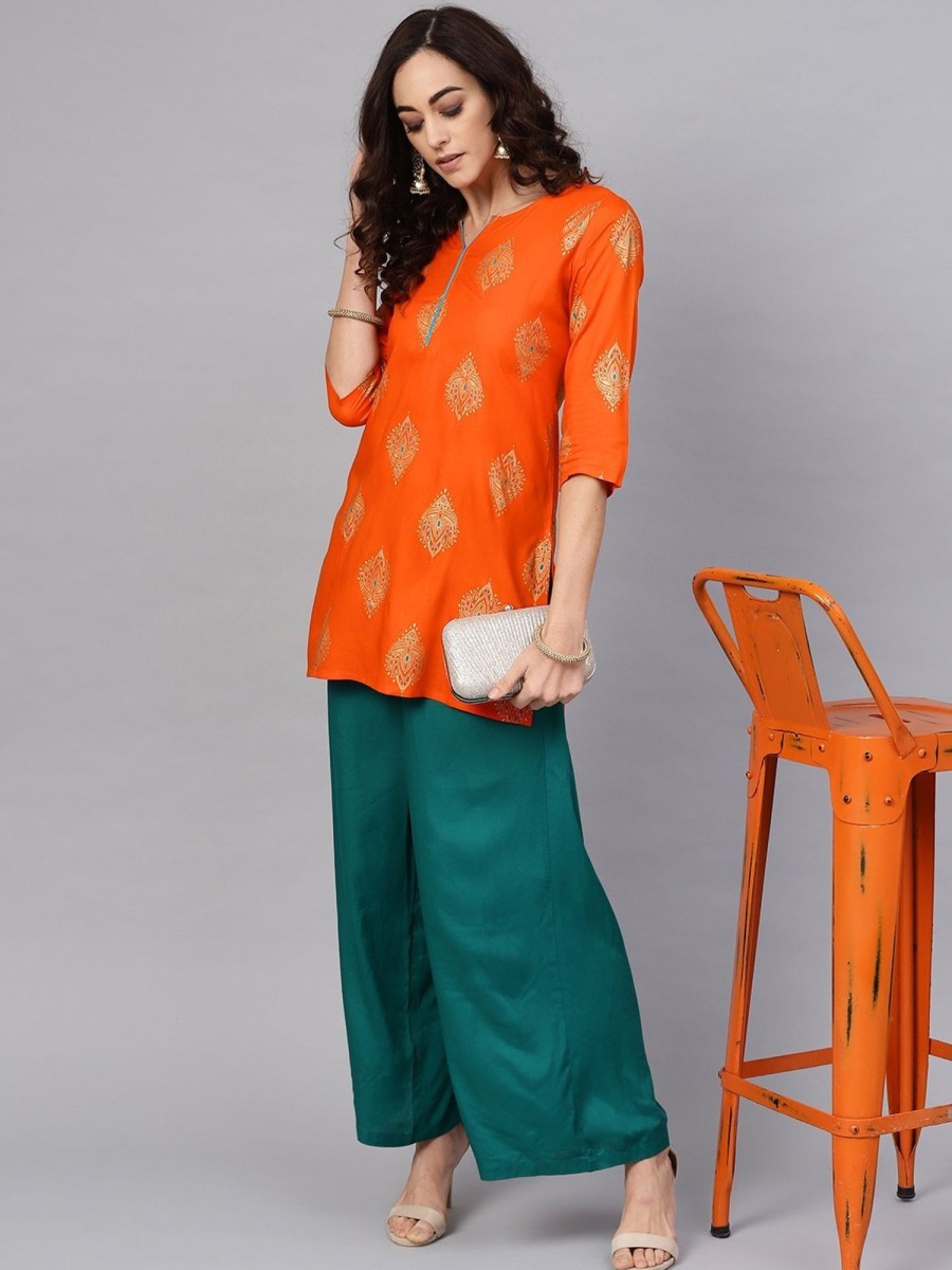 Women Anubhutee USA | Women'S U0026 Golden Printed Straight Kurti - Anubhutee Usa Orange