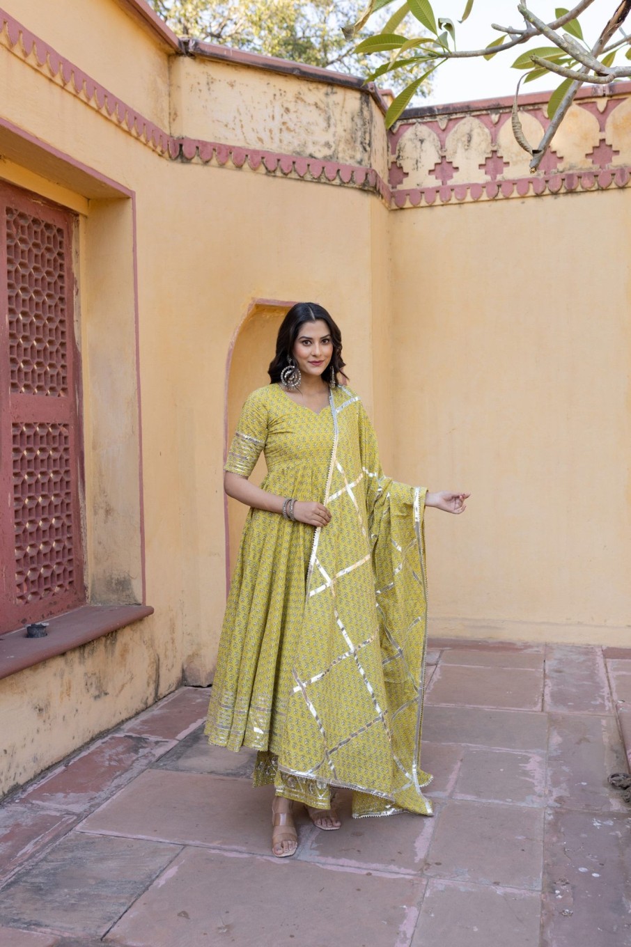 Women Pomcha Jaipur | Women'S Booti Gotta Jaal Cotton Anarkali Set - Pomcha Jaipur Yellow