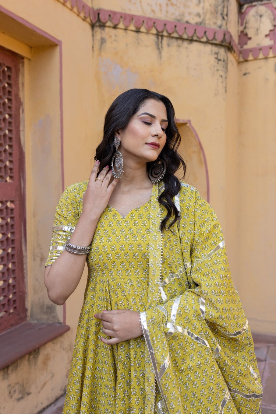 Women Pomcha Jaipur | Women'S Booti Gotta Jaal Cotton Anarkali Set - Pomcha Jaipur Yellow