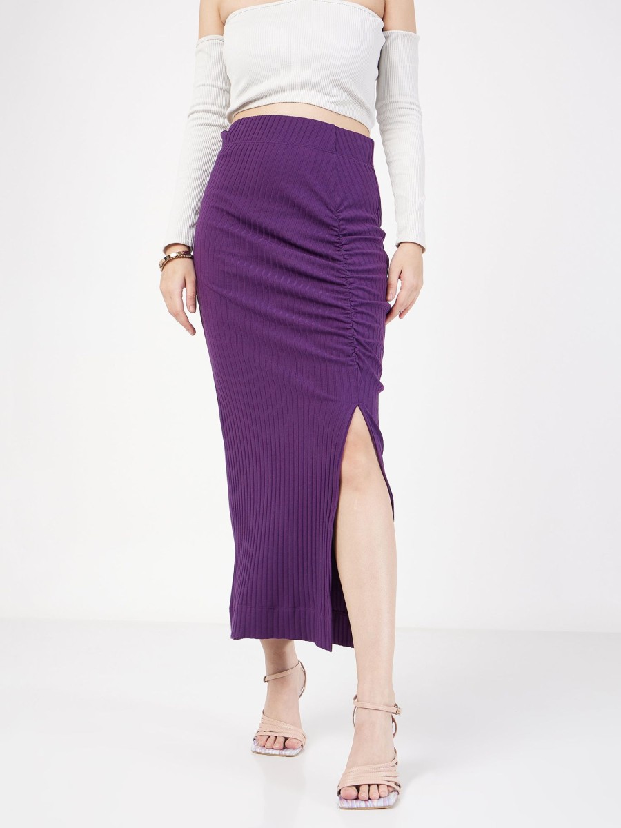 Women Lyush | Women'S Purple Rib Front Ruched Midi Skirt - Lyush