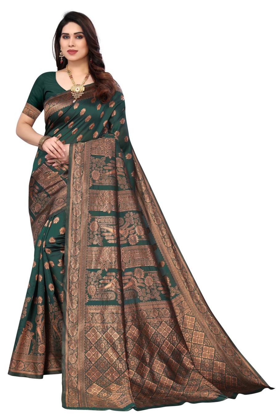 Women Varanga | Women'S Dark ::Gold Color Banarasi Silk Saree With Blouse - Varanga Green