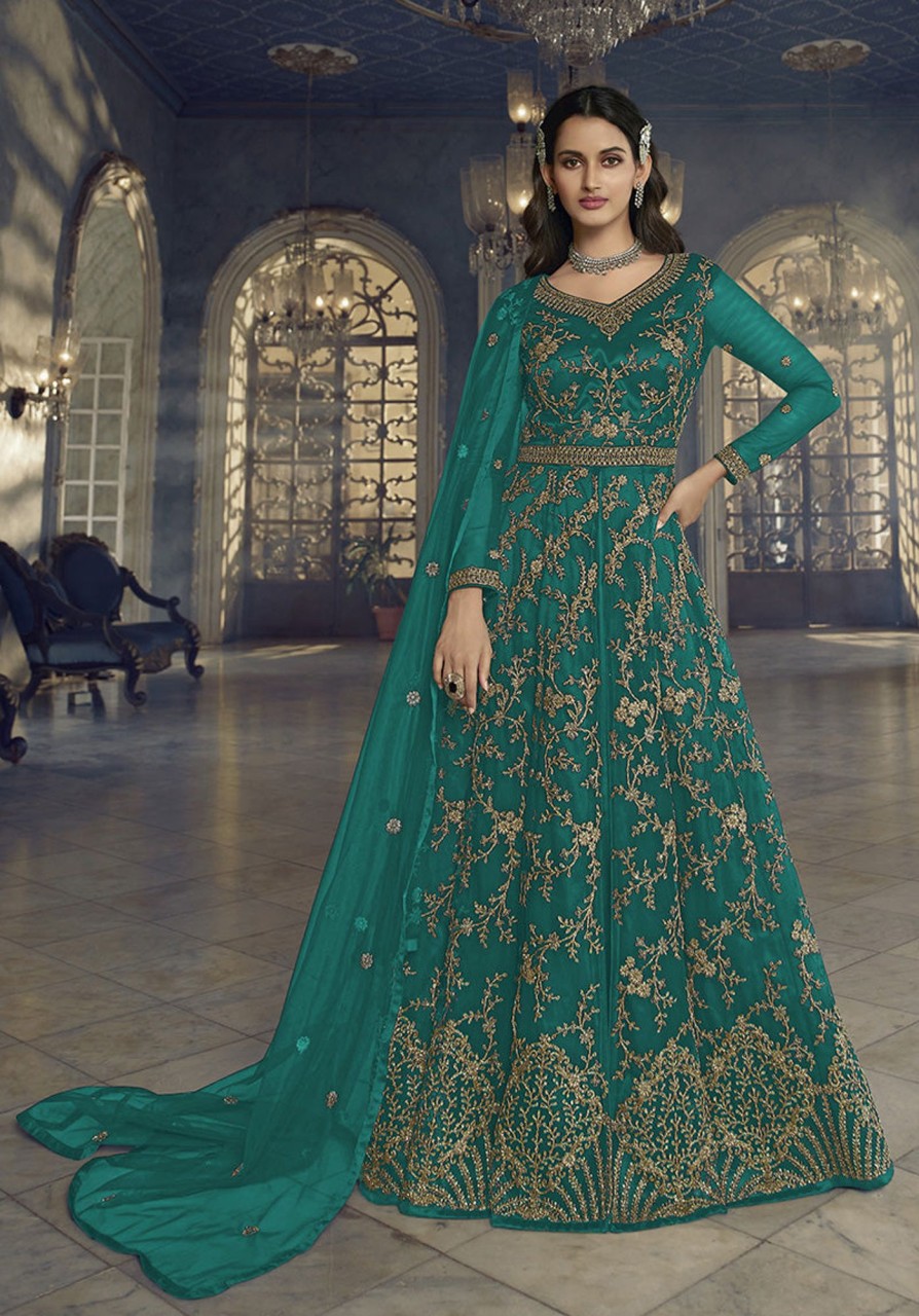 Women Monjolika | Women'S Teal Soft Net Semi Stitched Embroidered Designer Suit - Monjolika Green