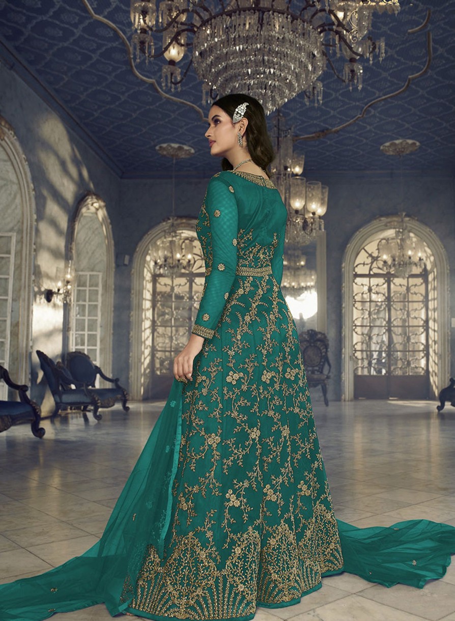 Women Monjolika | Women'S Teal Soft Net Semi Stitched Embroidered Designer Suit - Monjolika Green