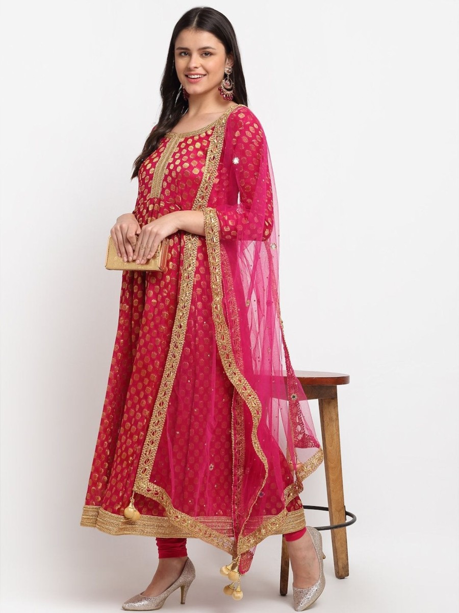 Women Final Clearance Sale | Women Dark Pink Georgette Banarsi Anarkali With Leggings U0026 Dupatta (3Pcs Set) By Final Clearance Sale