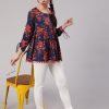 Women AKS | Women'S Navy Floral Printed Gathered Tunic - Aks Blue