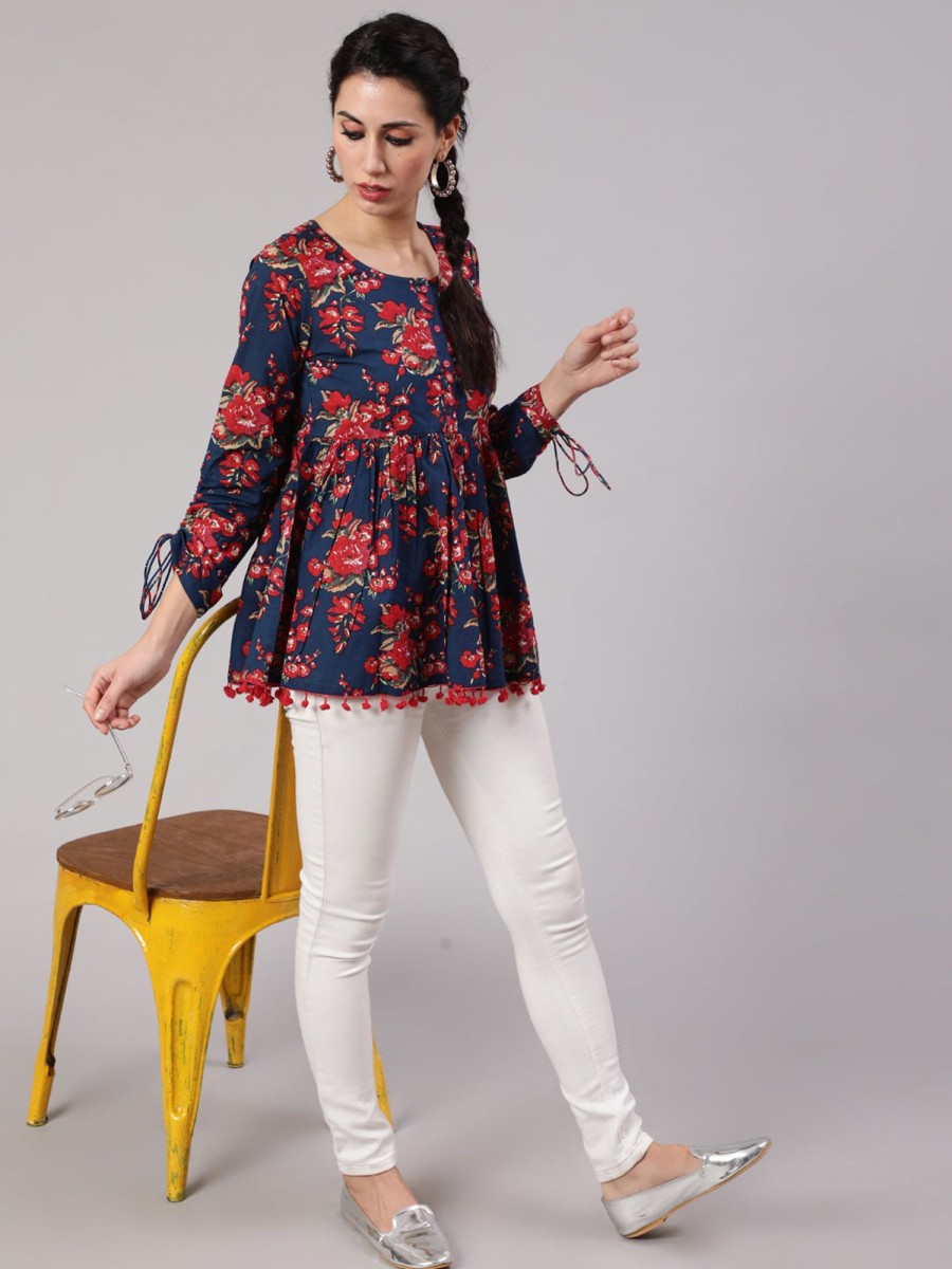 Women AKS | Women'S Navy Floral Printed Gathered Tunic - Aks Blue