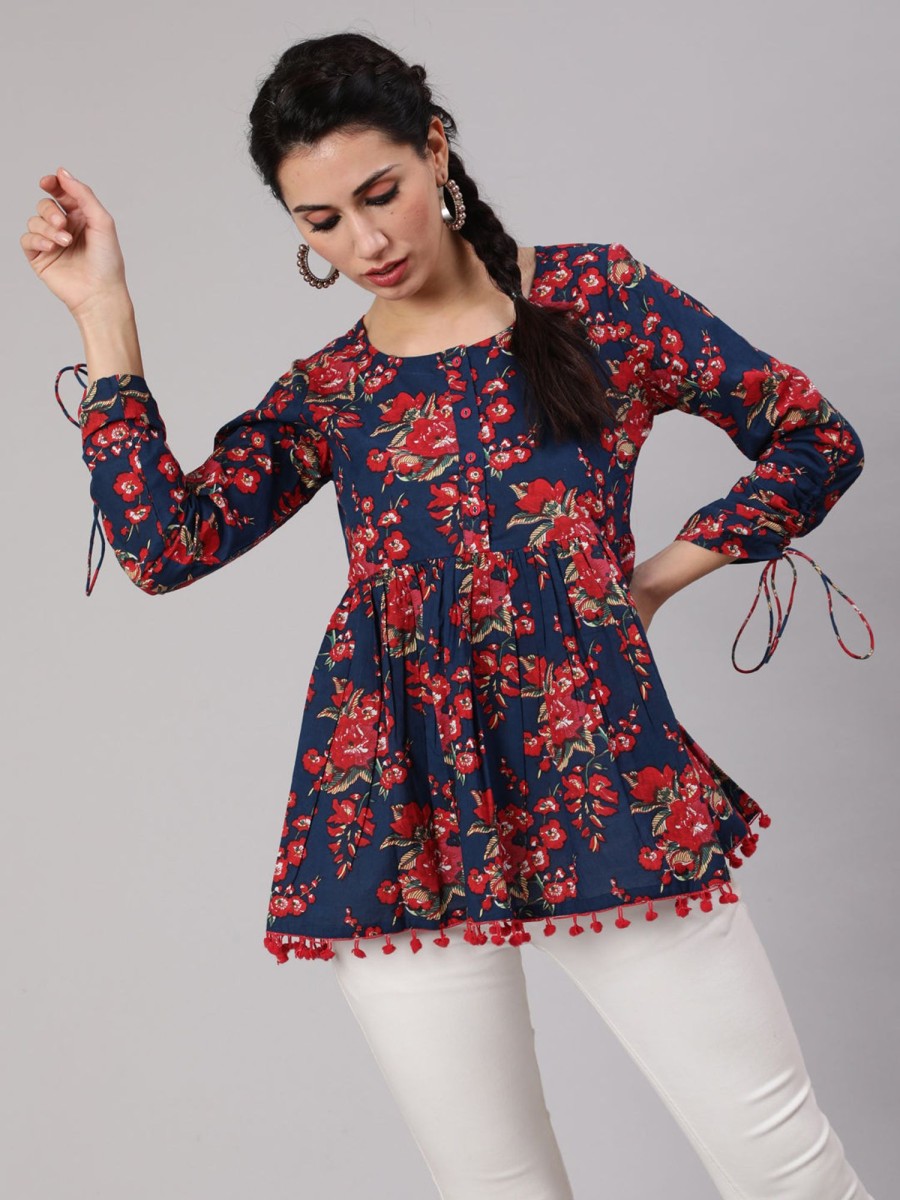 Women AKS | Women'S Navy Floral Printed Gathered Tunic - Aks Blue