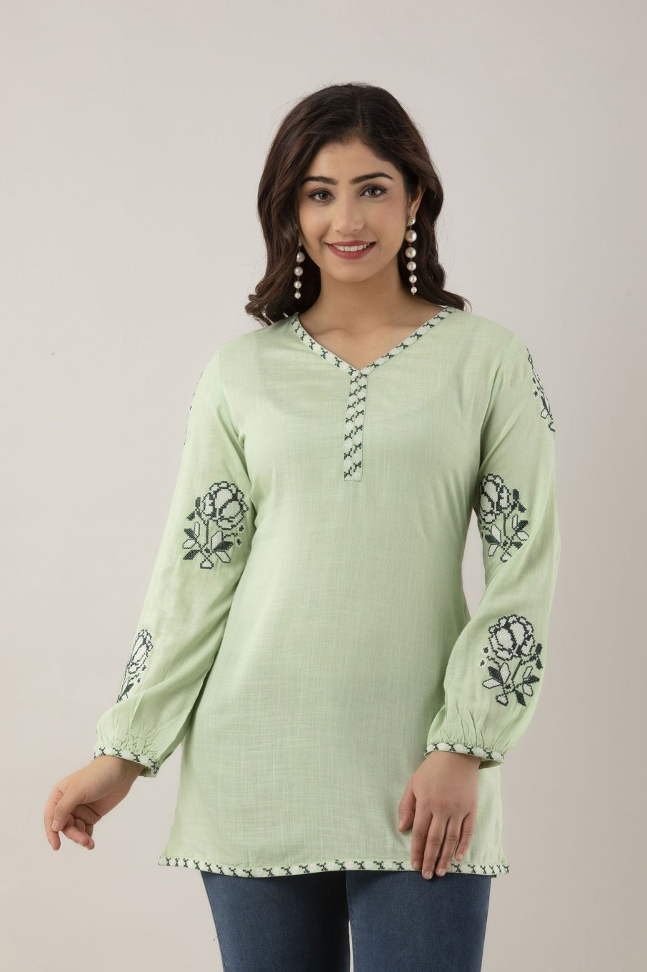 Women Charu | Women'S Embroidered Viscose Rayon Regular Top (Light ) - Charu Green