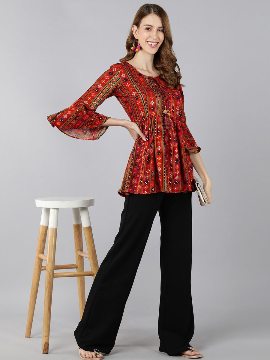 Women Kipek | Women'S Rayon Printed Peplum Top ( ) - Kipek Red