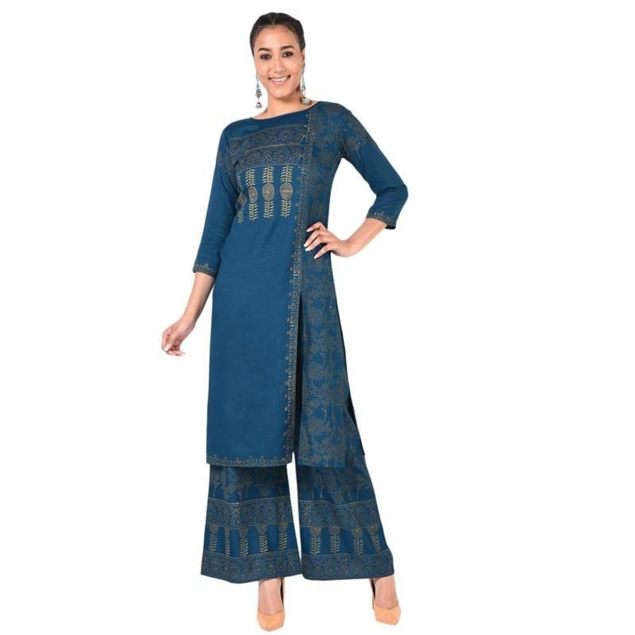 Women Aniyah | Women'S Gold Print Straight Kurta - Aniyah Blue