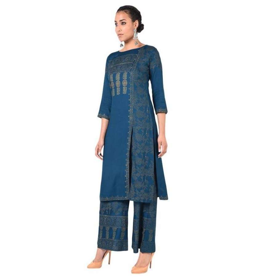 Women Aniyah | Women'S Gold Print Straight Kurta - Aniyah Blue