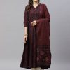 Women Miravan | Women'S Pure Floral Printed Anarkali Kurta With Gold Print Dupatta - Miravan Maroon