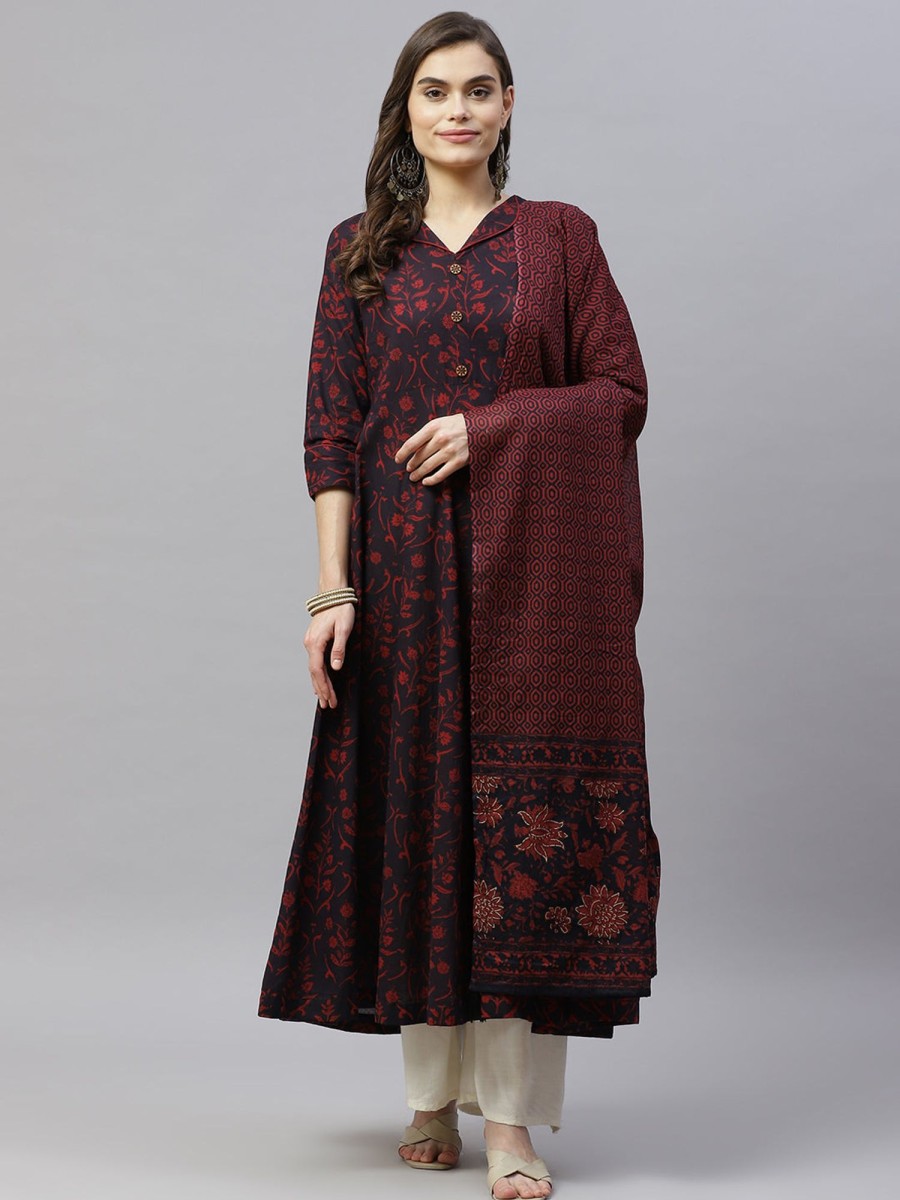 Women Miravan | Women'S Pure Floral Printed Anarkali Kurta With Gold Print Dupatta - Miravan Maroon