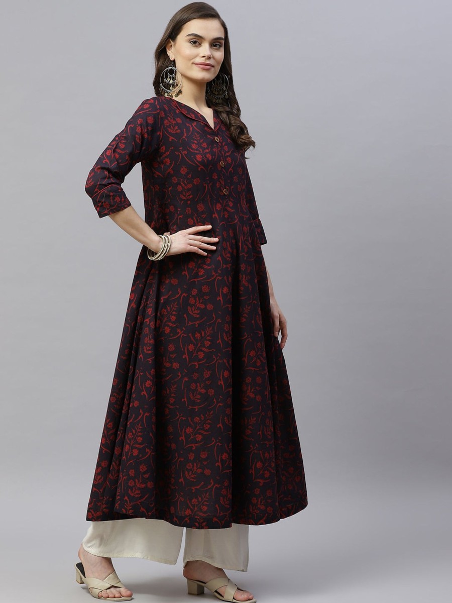 Women Miravan | Women'S Pure Floral Printed Anarkali Kurta With Gold Print Dupatta - Miravan Maroon