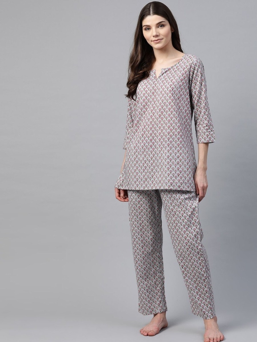 Women NOZ2TOZ | Women'S Grey Printed Loungewear/Nightwear - Noz2Toz