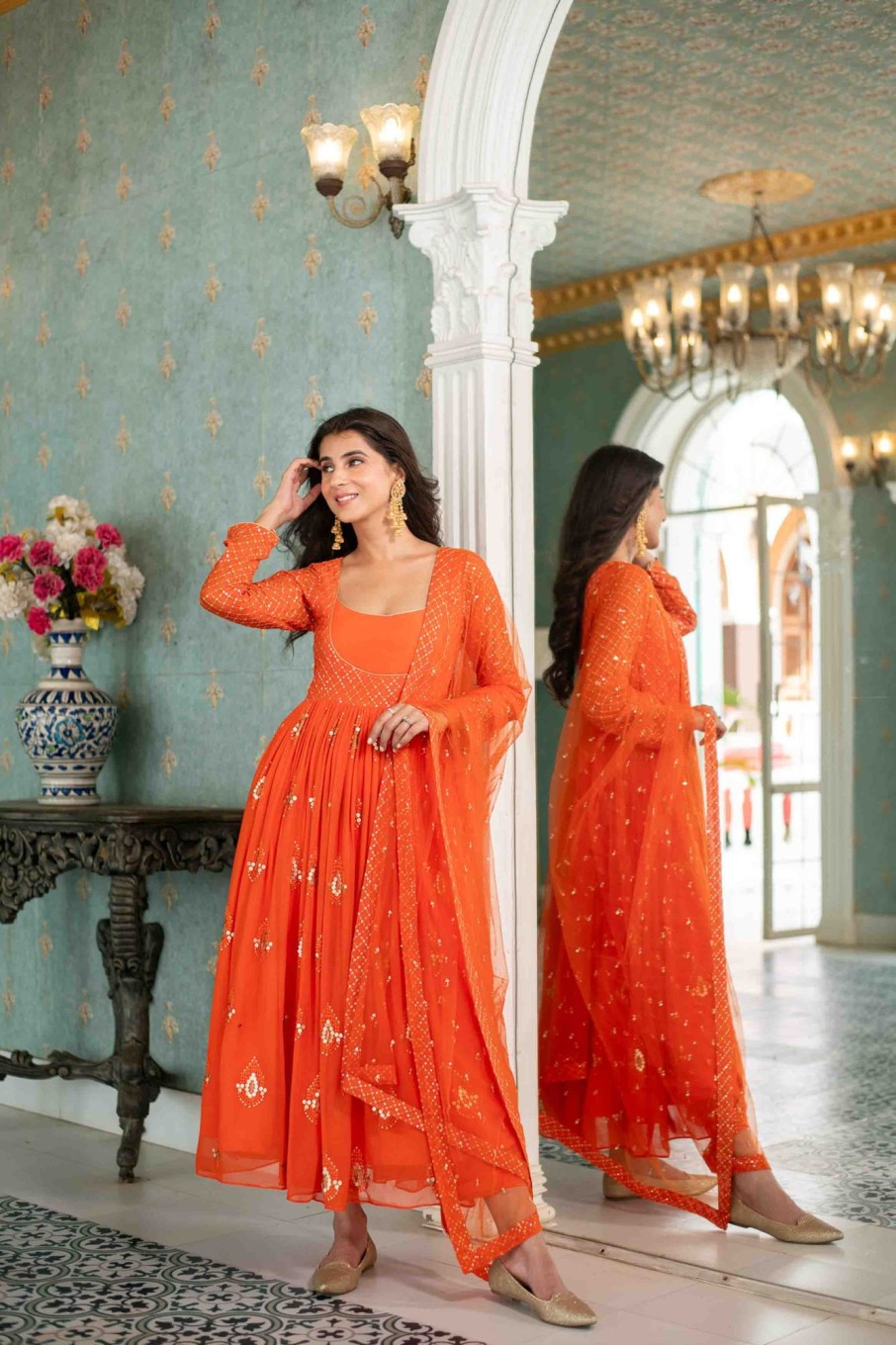 Women Label Shaurya Sanadhya | Women'S Orange Choli Style Anarkali Set - Label Shaurya Sanadhya