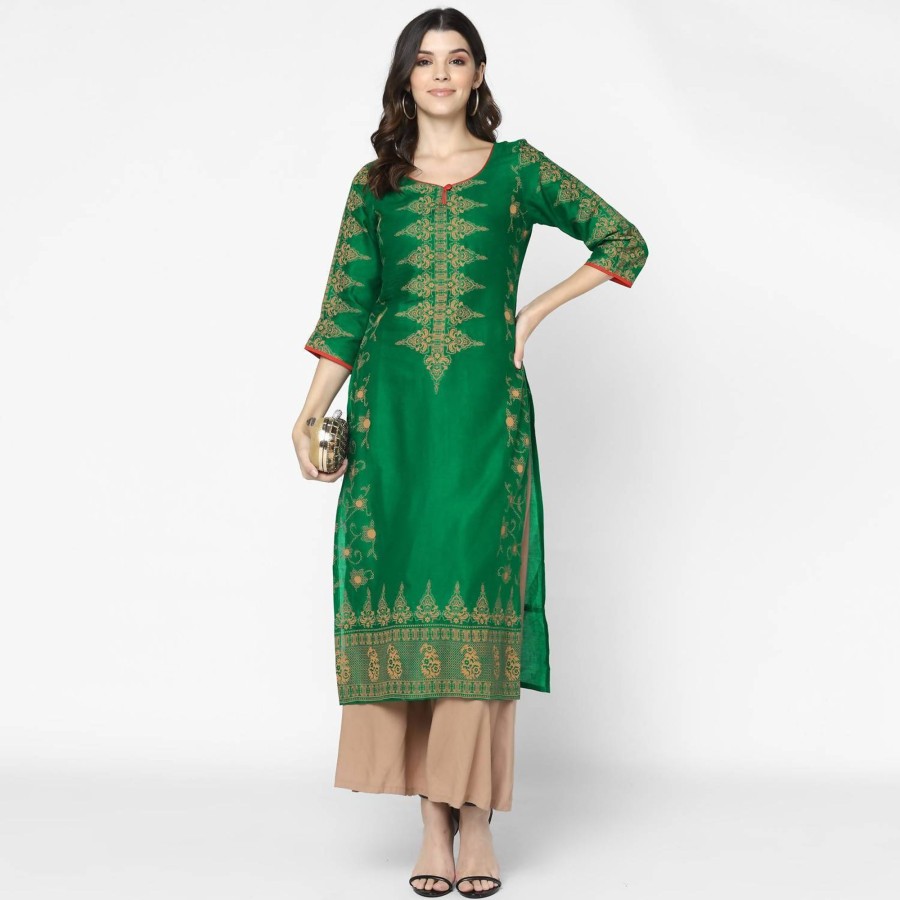 Women CHEERA | Women'S Bottle Green 100% Cotton Hand Block Print Straight Kurta Only - Cheera