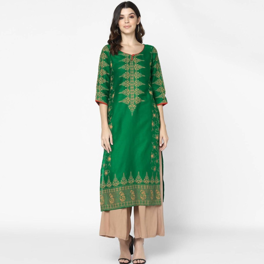 Women CHEERA | Women'S Bottle Green 100% Cotton Hand Block Print Straight Kurta Only - Cheera