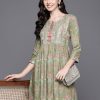 Women Indo Era | Women'S Embroidered A-Line Ethnic Dress - Indo Era Green