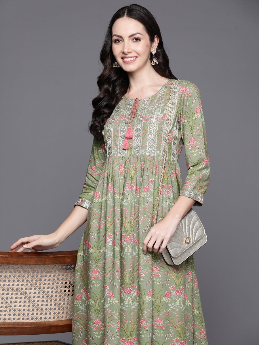 Women Indo Era | Women'S Embroidered A-Line Ethnic Dress - Indo Era Green