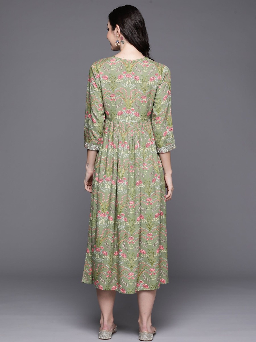 Women Indo Era | Women'S Embroidered A-Line Ethnic Dress - Indo Era Green