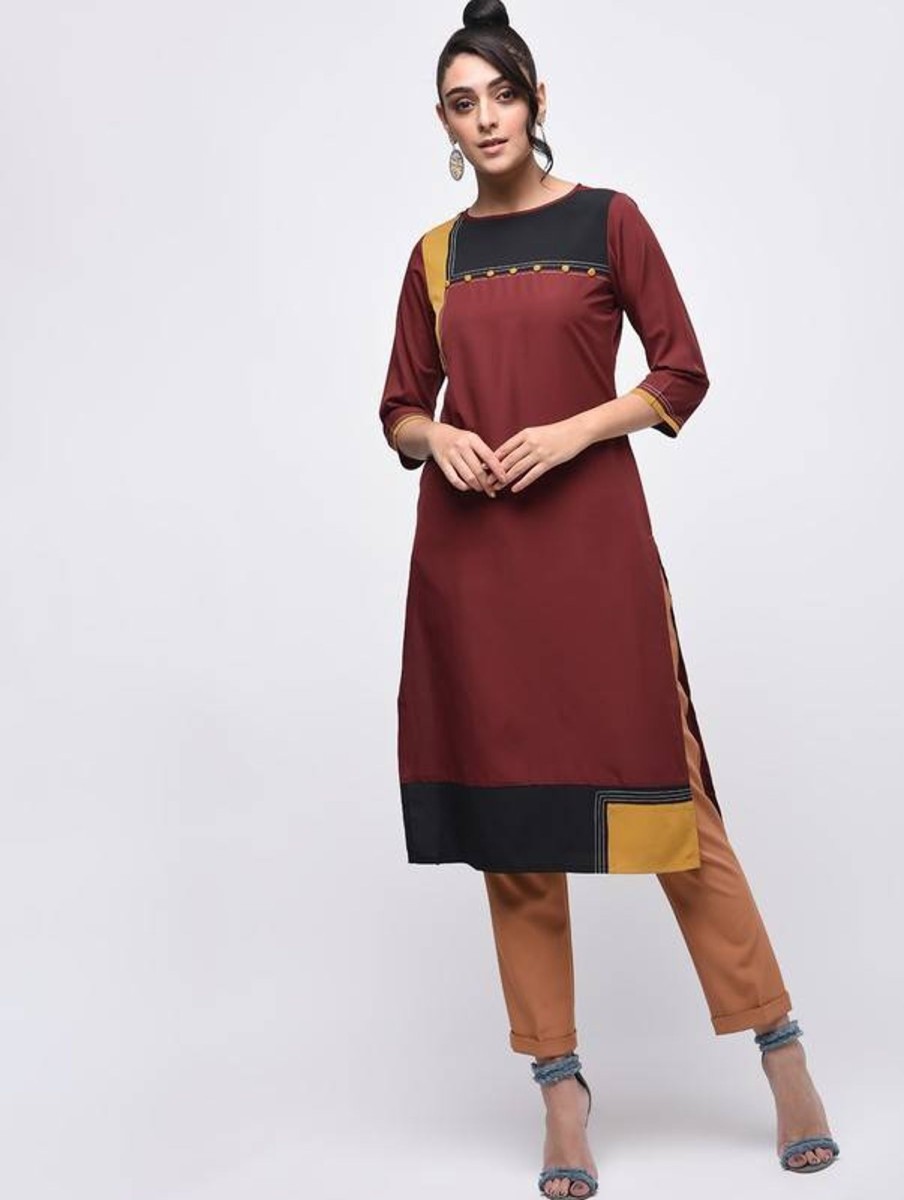 Women Aniyah | Women'S Color Block Straight Kurta - Aniyah Brown