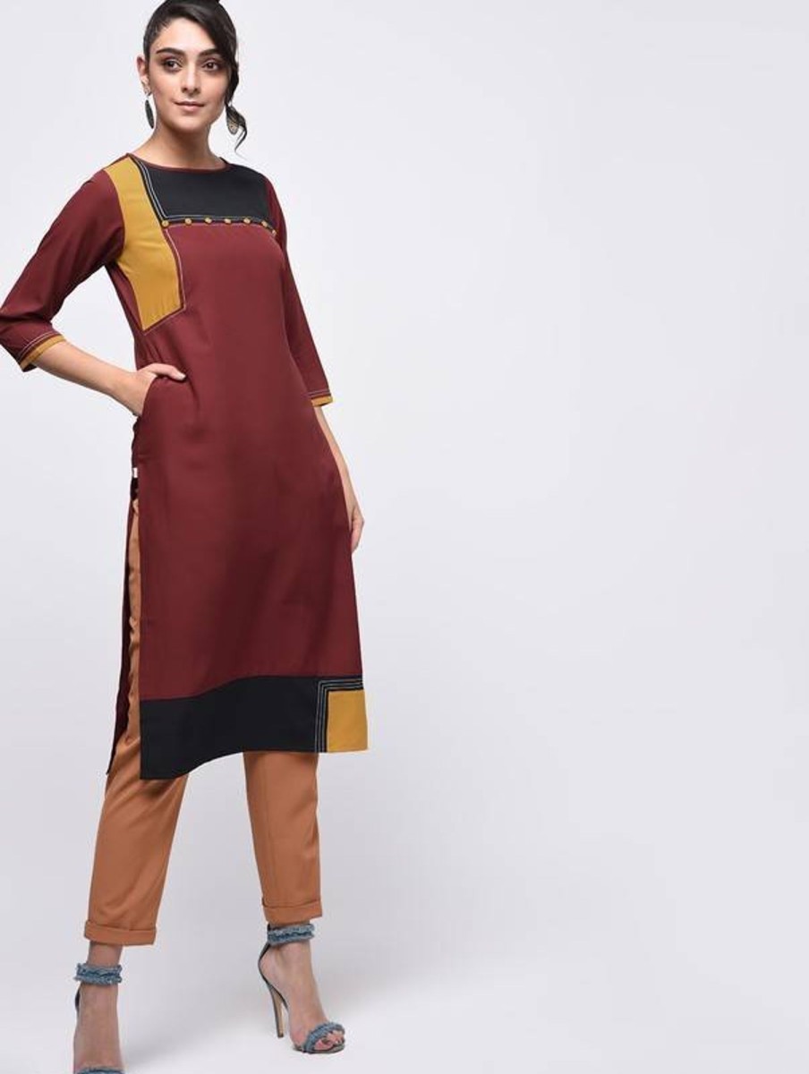 Women Aniyah | Women'S Color Block Straight Kurta - Aniyah Brown