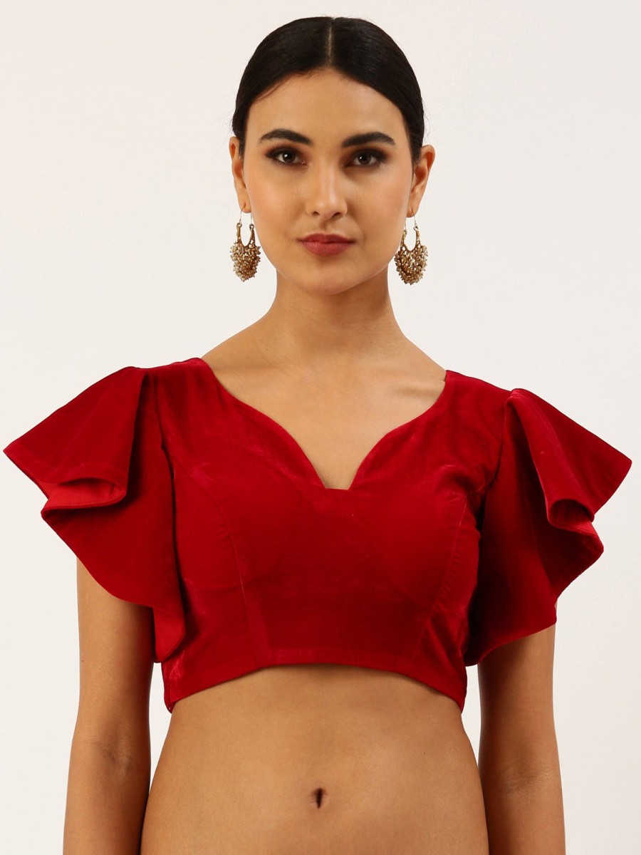 Women Royal Dwells | Women'S Red Velvet Ruffle Sleeves Readymade Blouse - Royal Dwells