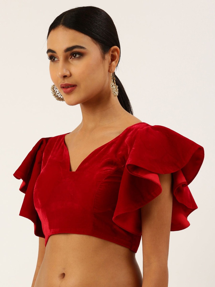 Women Royal Dwells | Women'S Red Velvet Ruffle Sleeves Readymade Blouse - Royal Dwells