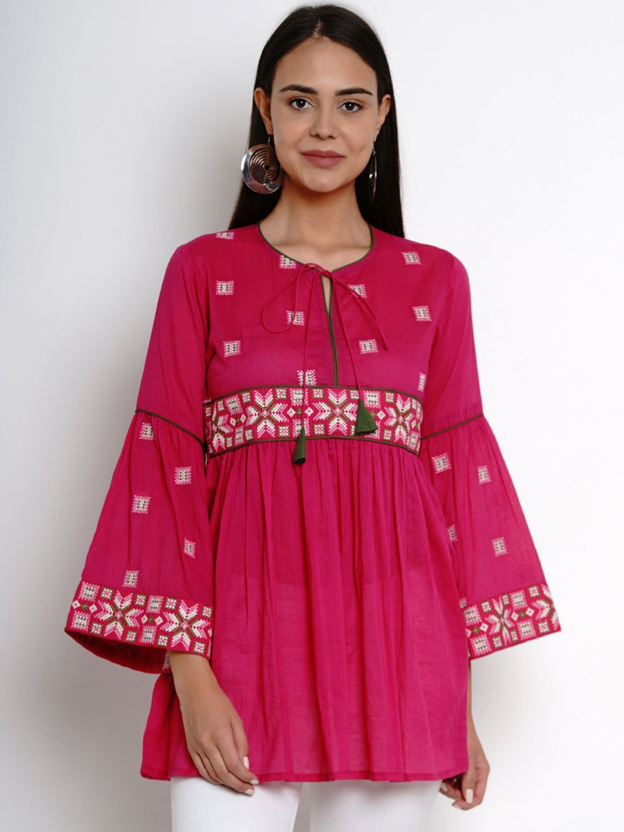 Women Bhama Couture USA | Fuchsia Pink Embroidered Tunic - Bhama Couture Usa