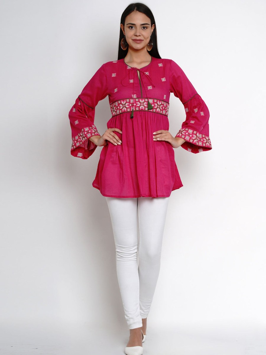 Women Bhama Couture USA | Fuchsia Pink Embroidered Tunic - Bhama Couture Usa