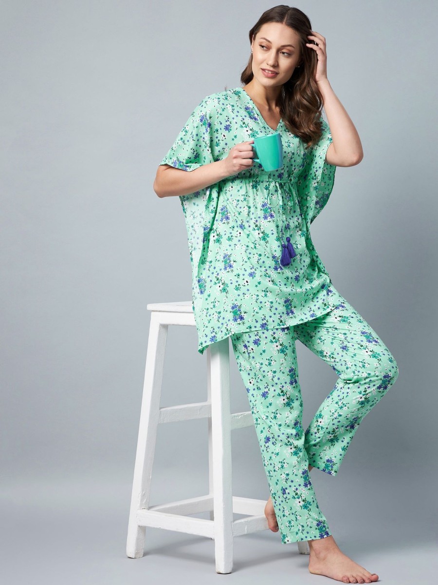 Women StyleStone | Women'S U0026 Blue Floral Printed Kaftan Style Set - Stylestone Green